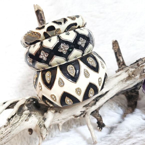 3 Enamel Clamp Bangle Stack Crystal & Black Ivory